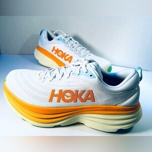 NEW HOKA Bondi 8 White and Orange Mens Athletic Sneakers Size 13D